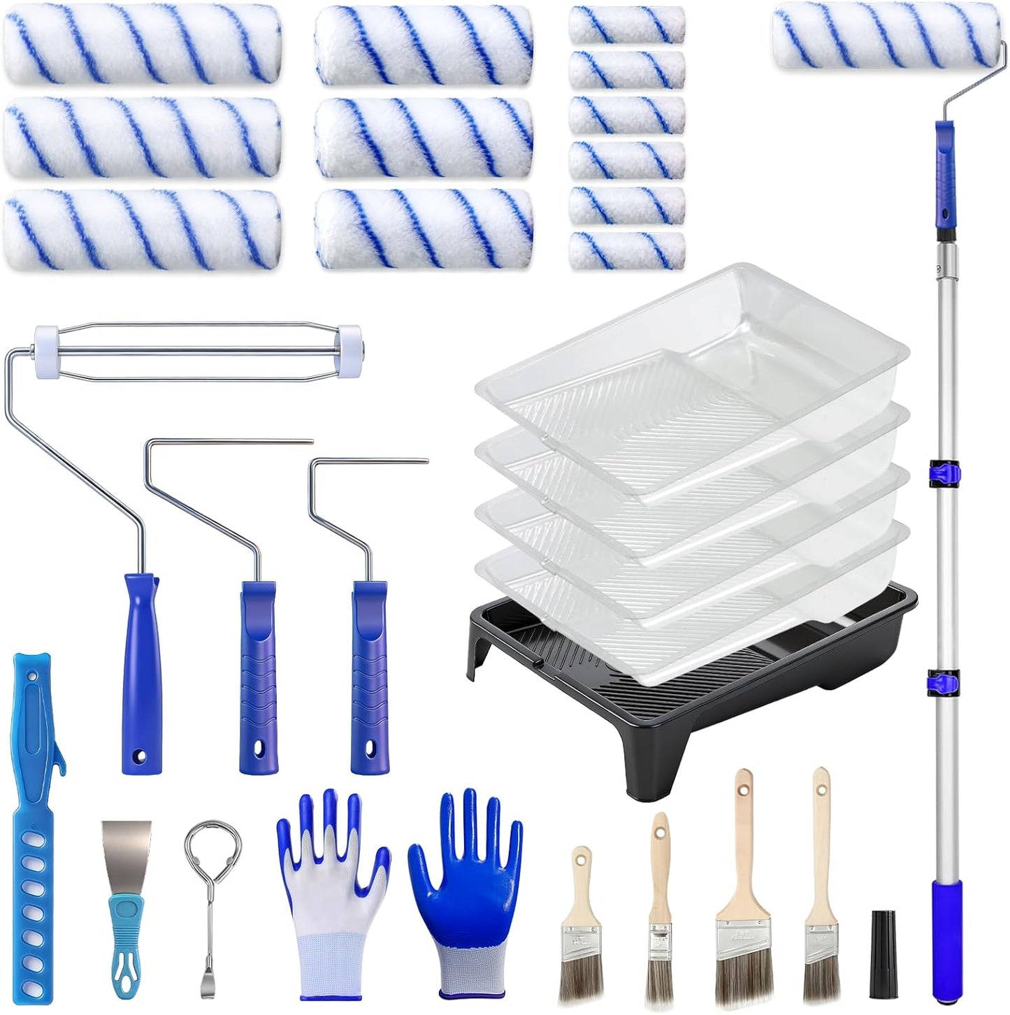 Kit 30 Rodillos Pintura Microfibra 9-4pulg Poste 3.93pies