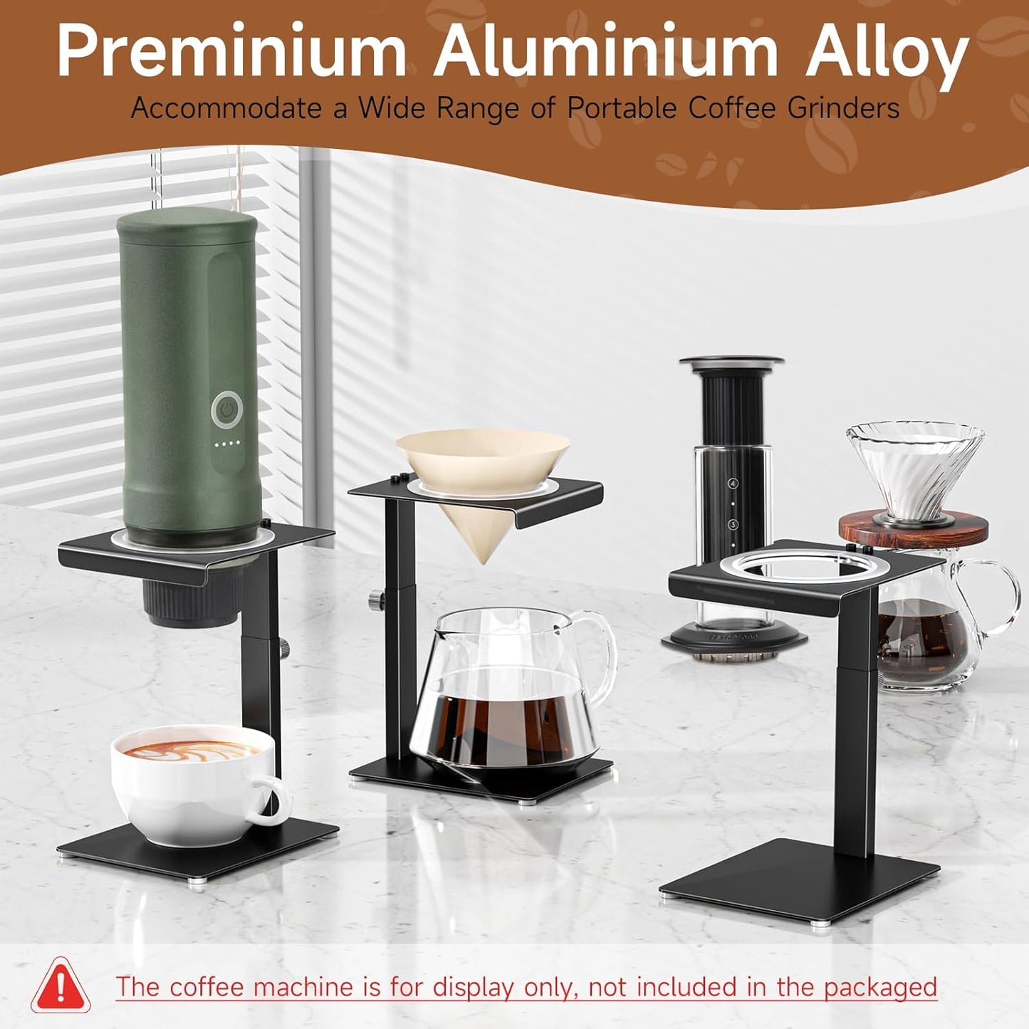 Soporte portátil para cafetera ajustable con base cuadrada negra