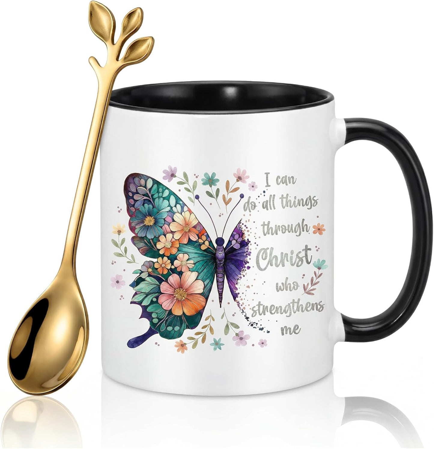 Taza cristiana para mujer con mariposa y versículo bíblico, 11 oz