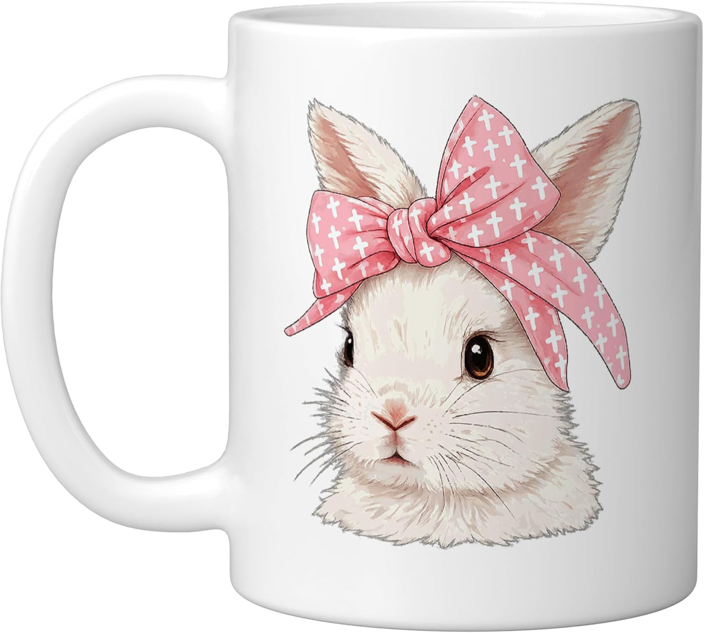 Taza de cerámica Bunny Easter con cruz cristiana y bow rosa