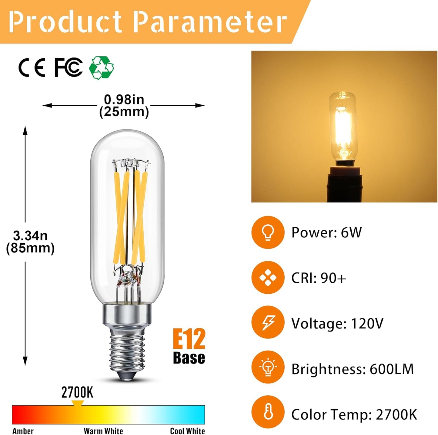 Bombilla LED T6 E12 regulable 6W para candelabro y ventiladores