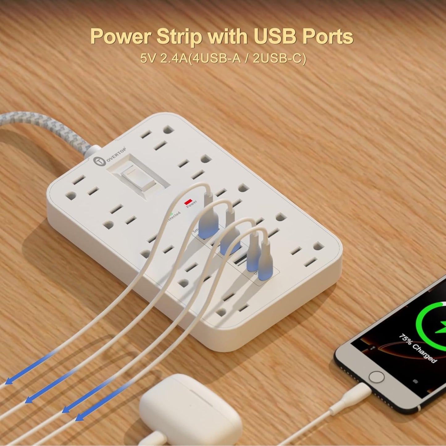 Protector sobretensiones cable extensión 5ft 10 tomas 6 USB C