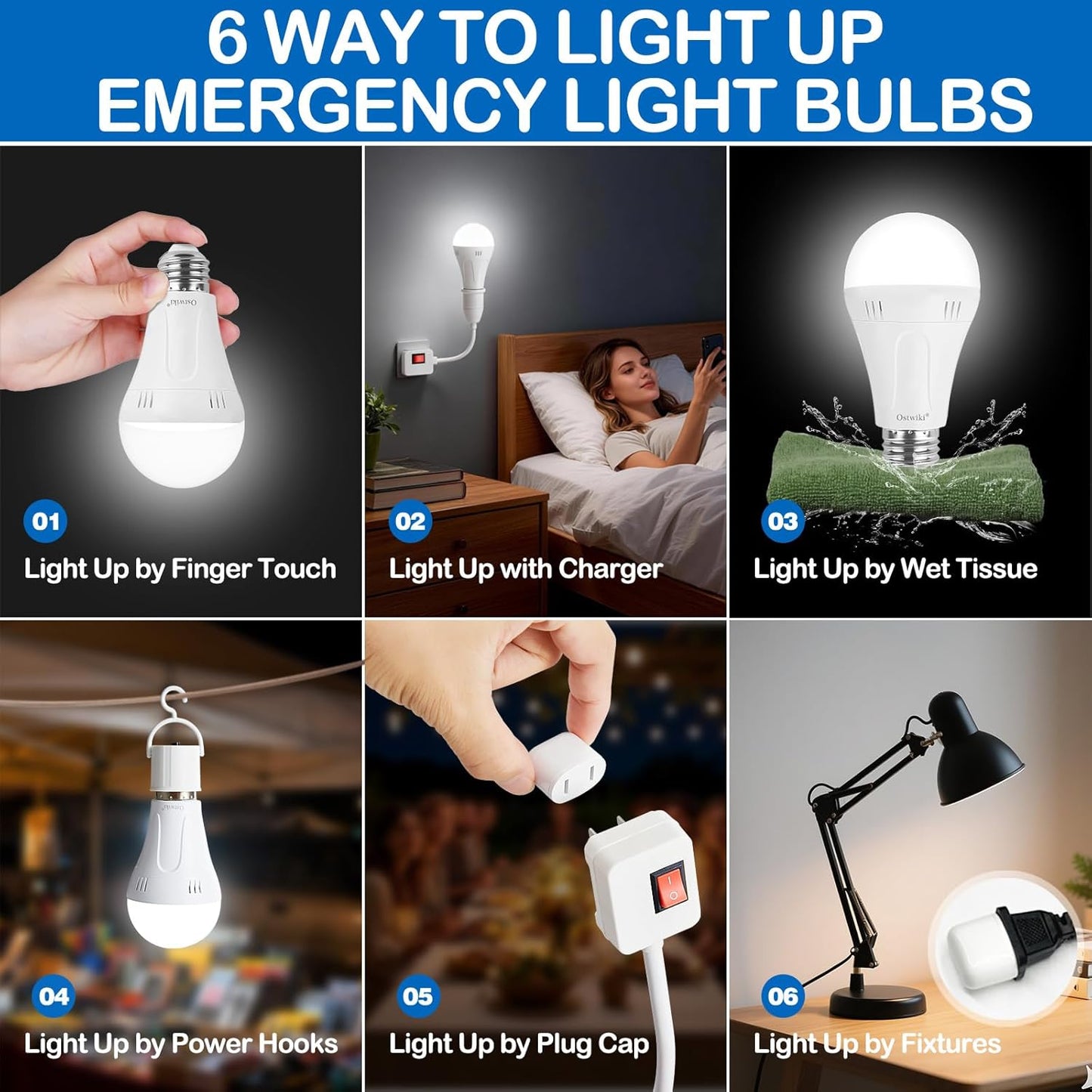 Bombillas recargables A19 E26 9W 6500K pack 2 luz suave emergencia