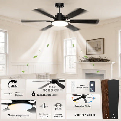 Ventilador techo 52pulg 6 cuchillas LED regulable control remoto