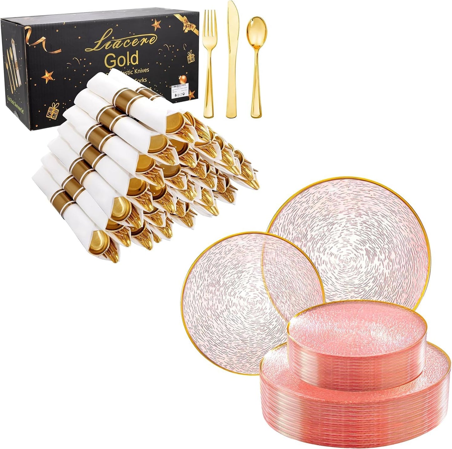 Pack 100 Cubiertos Servilletas Dorados 60 Platos Plástico Rosa