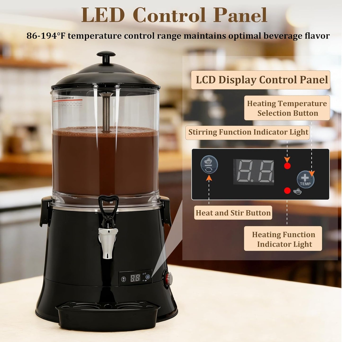 Máquina chocolate caliente 10L dispensador 80 tazas ajustable