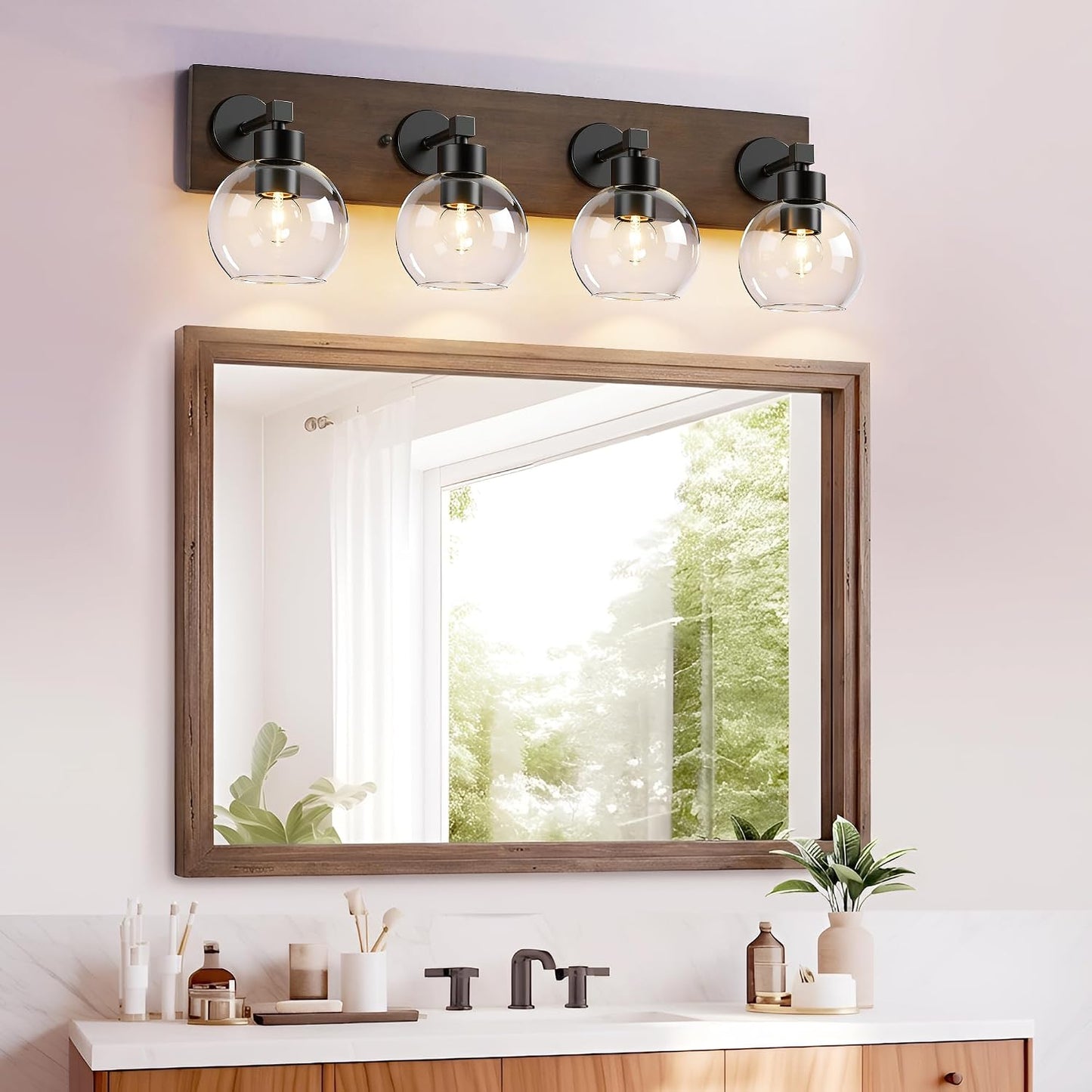 Lámpara tocador baño madera negra 4 luces vidrio