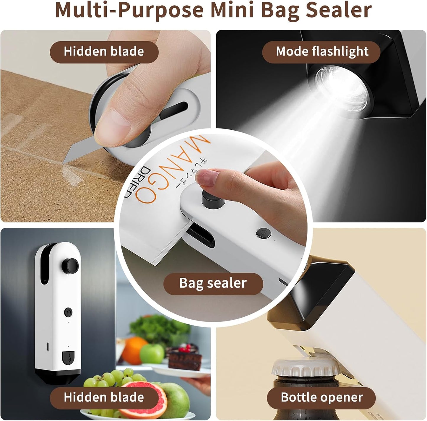 Mini sellador de bolsas con cuchillo/imán recargable USB-C para plástico, dulces y alimentos (blanco)
