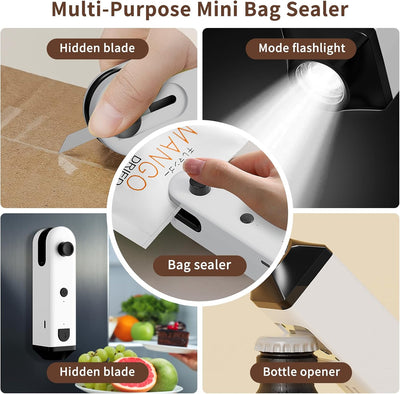 Mini sellador de bolsas con cuchillo/imán recargable USB-C para plástico, dulces y alimentos (blanco)