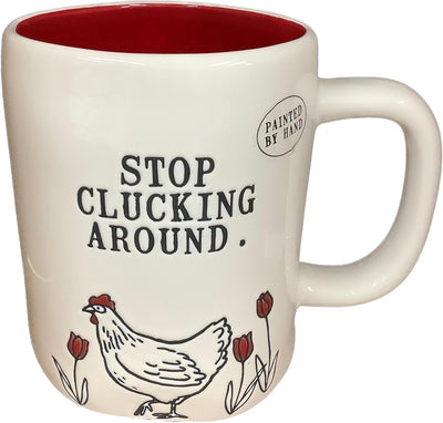 Taza café diseño pollo flores rojas blanco interior rojo