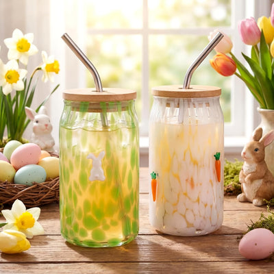 Vaso de jugo Honeydak con tapa y pajitas, forma lata de Pascua