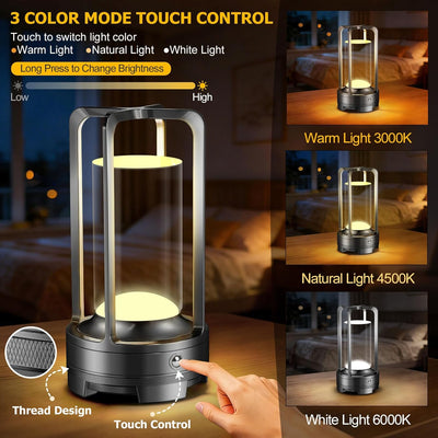 Lámpara mesa inalámbrica LED recargable con atenuación 3 colores