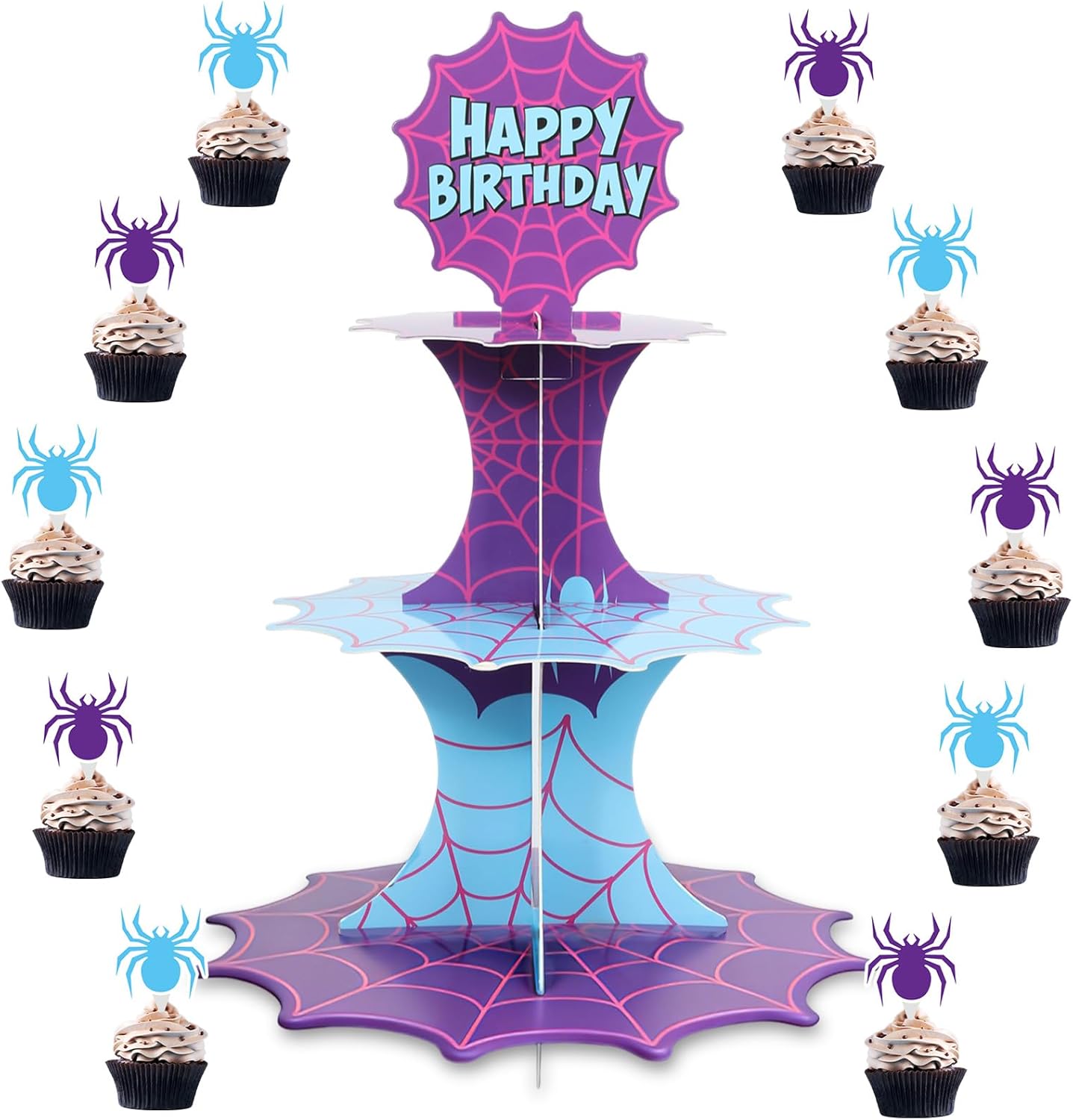Soporte para cupcakes de araña 3 niveles con decoraciones de héroe