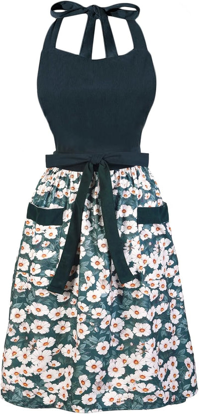 Delantal floral para mujer de algodón con bolsillos y correa ajustable