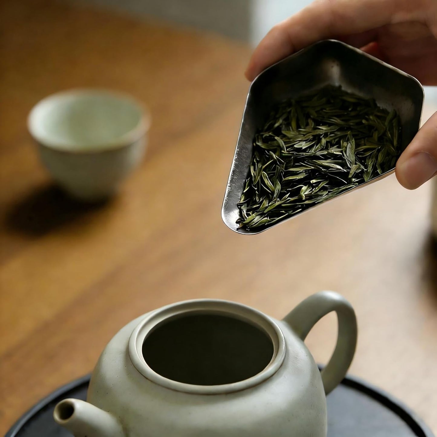 Taza dosificadora de grano de café de acero inoxidable con bandeja de té y herramientas de cerámica