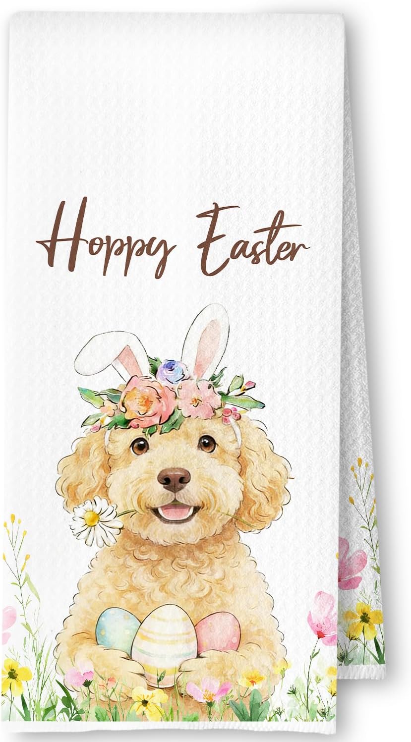 Toallas de cocina Goldendoodle con huevo de Pascua primavera