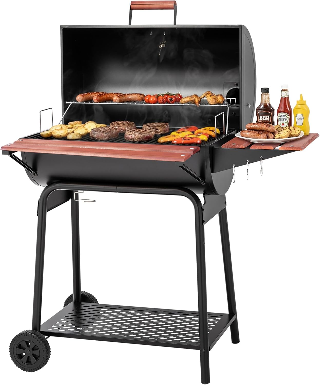 Parrilla carbón 30 barriles mesa madera 4045cm² exterior negro