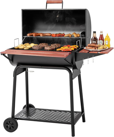 Parrilla carbón 30 barriles mesa madera 4045cm² exterior negro