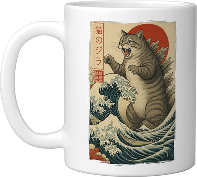 Taza Cerámica Arte Kaiju Ola Japonesa Grande Blanco