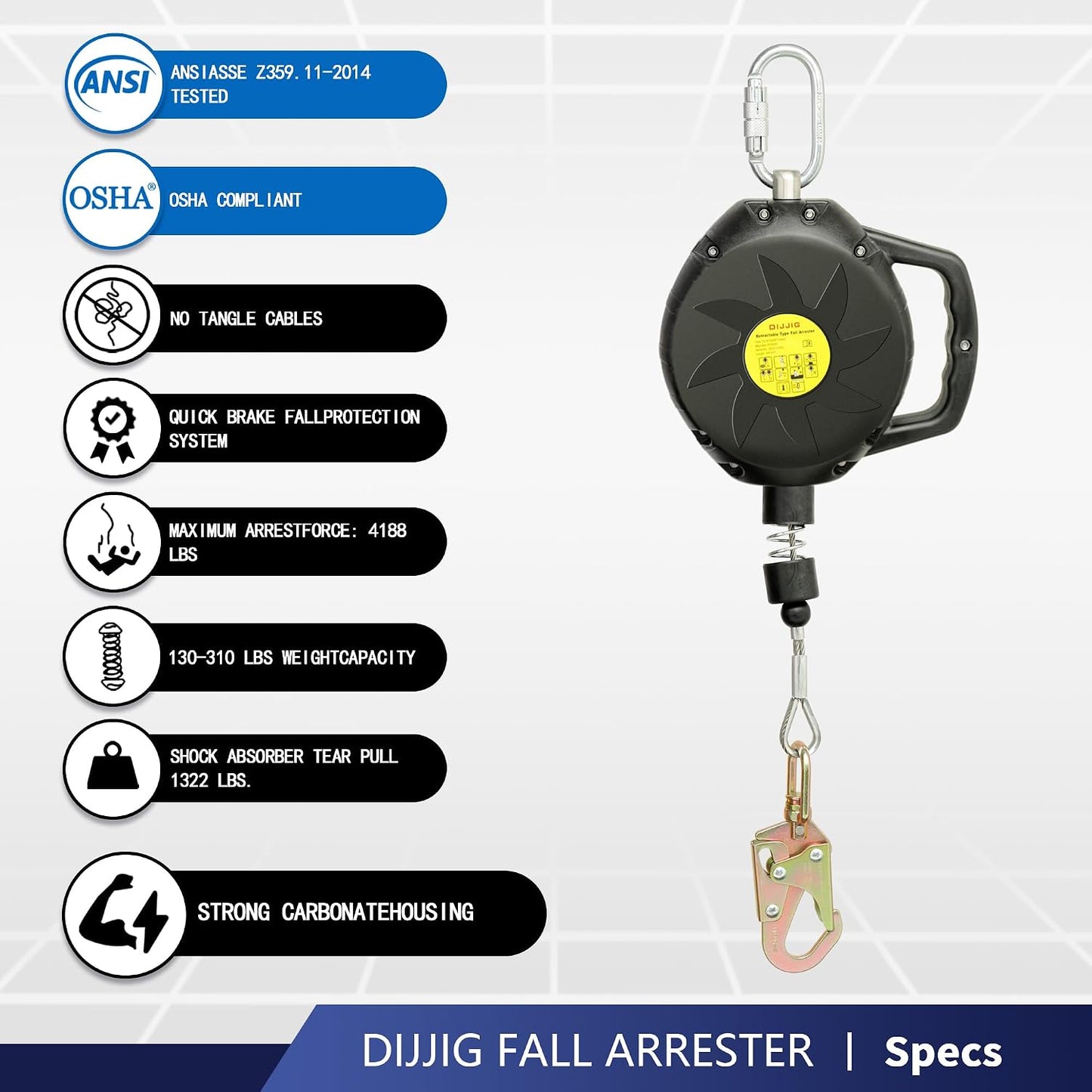 Cordón seguridad retráctil 50ft clase 1 ANSI OSHA construcción