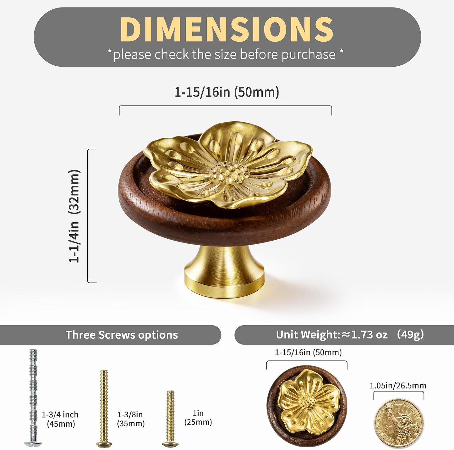 Pomos dorados latón macizo 2pulg base madera set 4