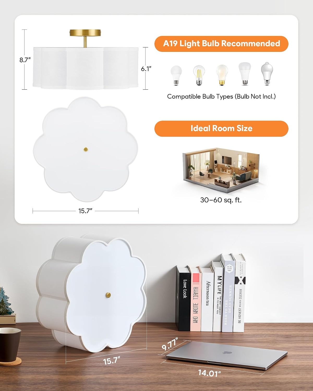 Lámpara techo 3 luces pantalla pétalos blancos 3 enchufes E26