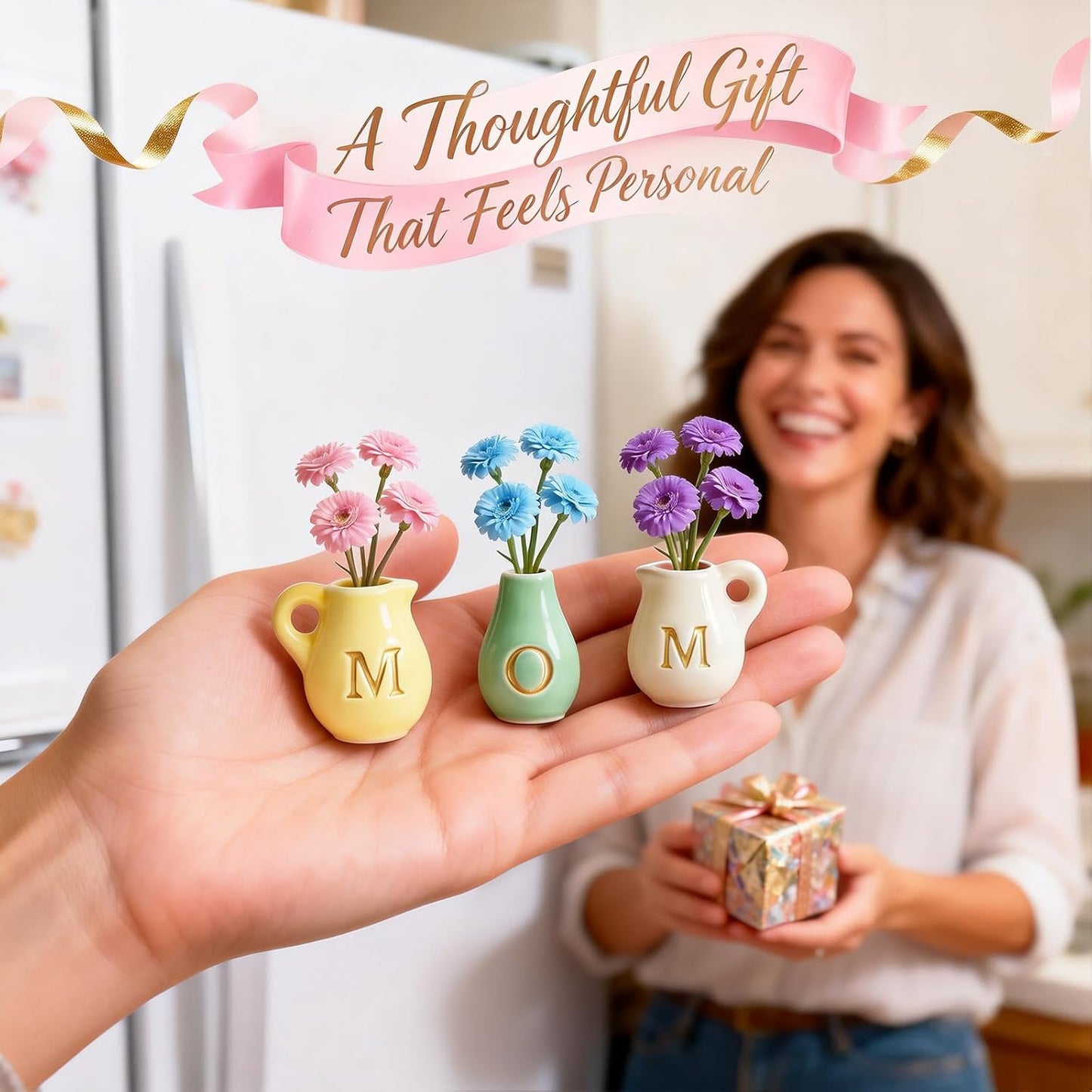 Mini jarrón de cerámica 3D con flores falsas para nevera y hogar