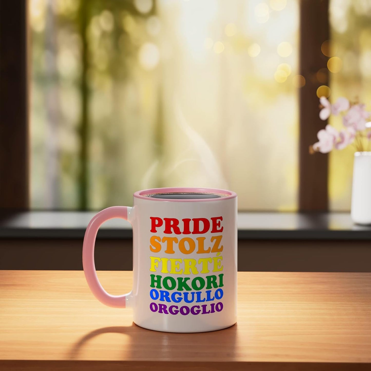 Taza Cerámica Multilingüe Rosa/Blanca