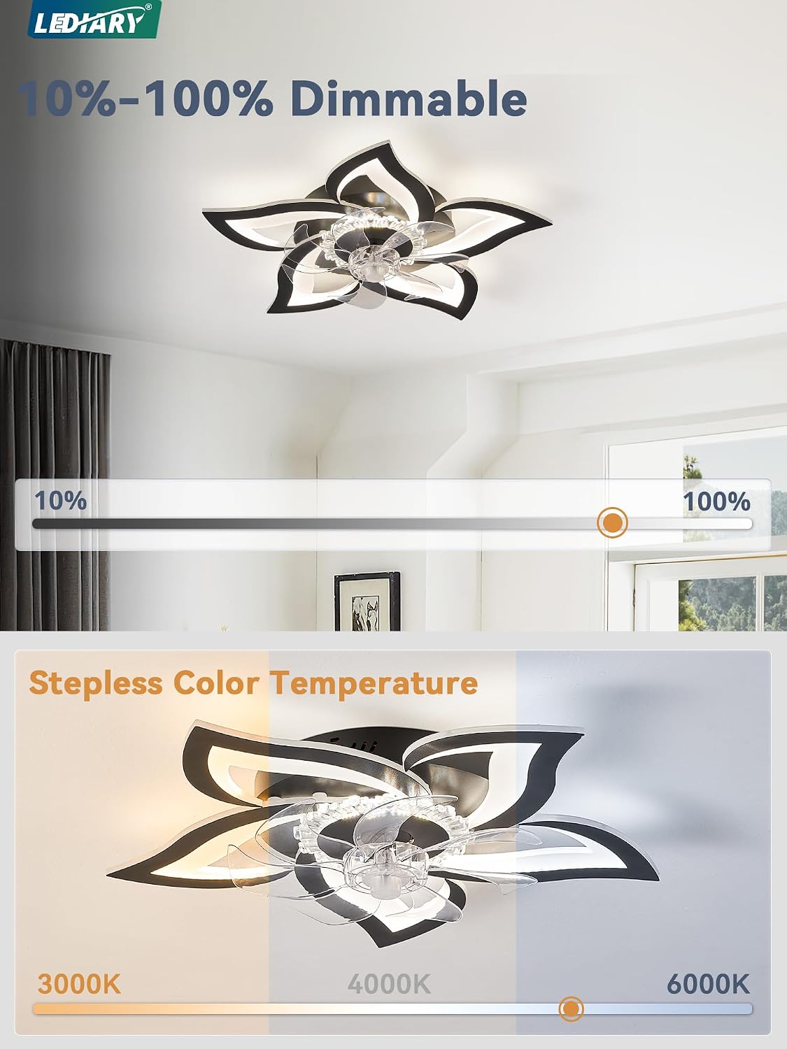 Ventilador techo LED regulable 27pulg perfil bajo dormitorio