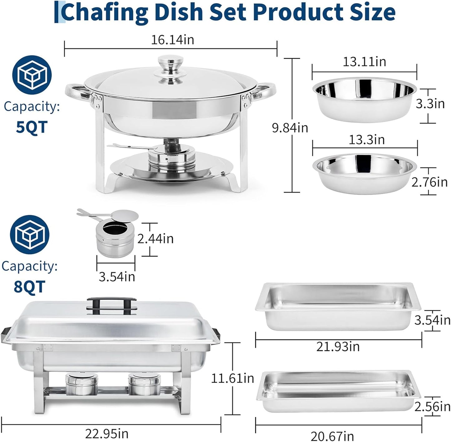 Set 2 Pzas Chafer Acero Inox Rectangular y Redondo