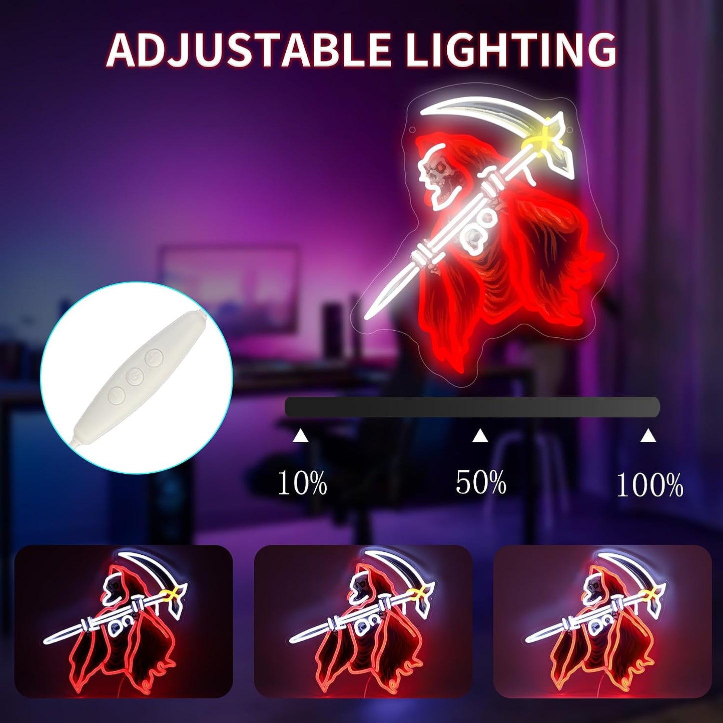 Letrero neón LED calavera parca USB decoración pared