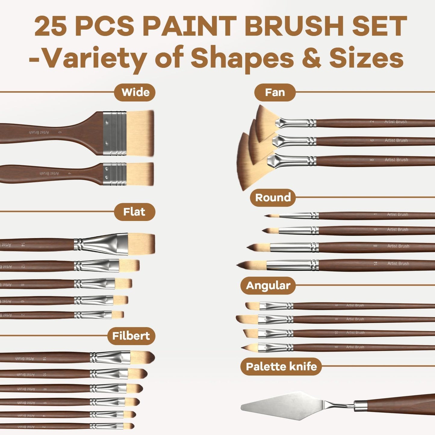 Set 25 Pinceles Acrílicos con Cuchillo Paleta y Rollo Lienzo