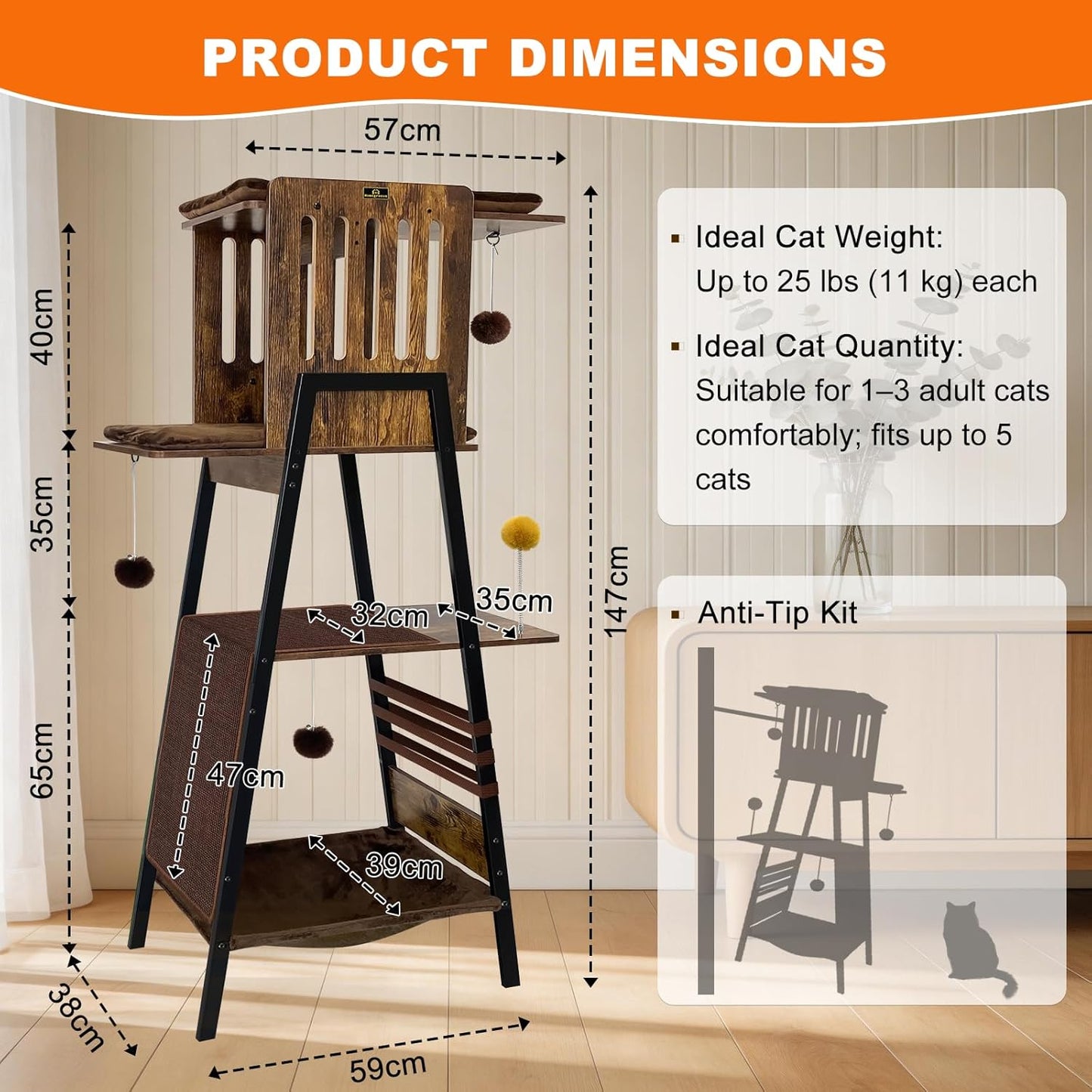 Torre árbol gatos 57pulg madera resistente marrón