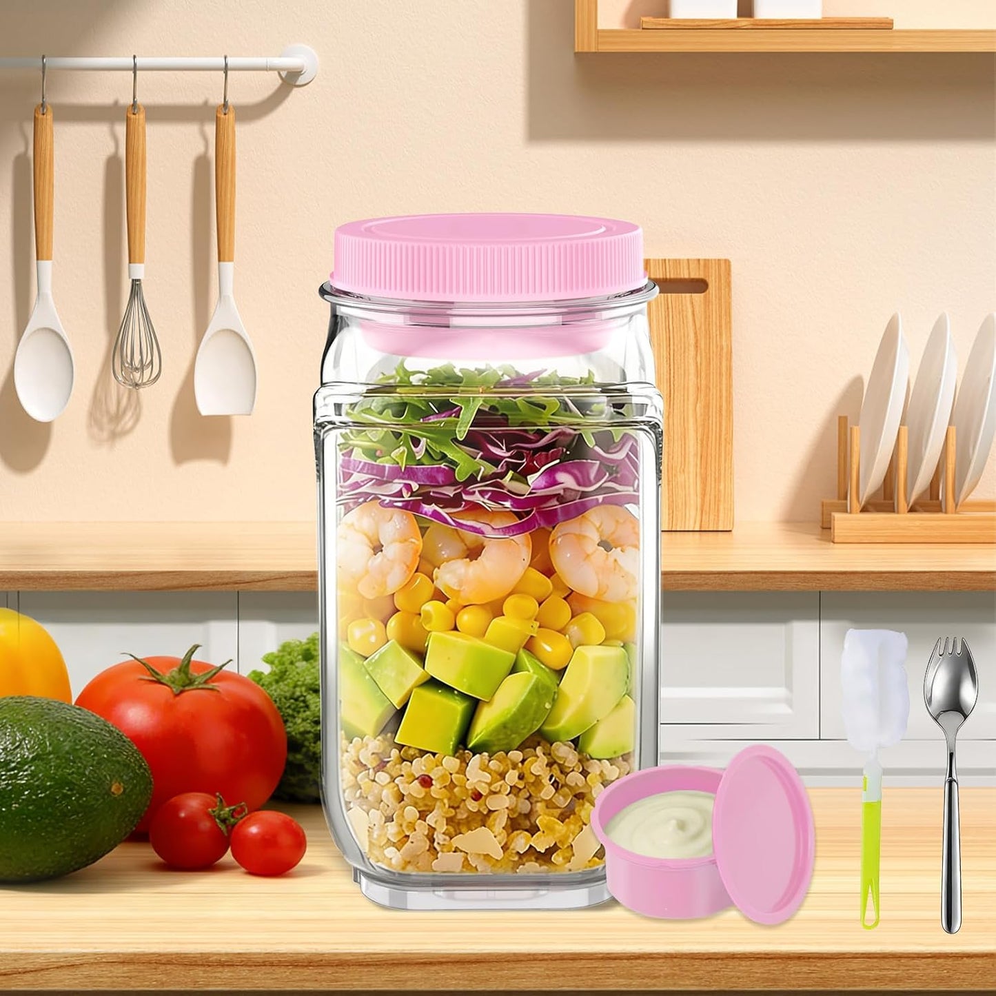 Tarro ensalada Mason 35oz con vaso aderezo y cuchara