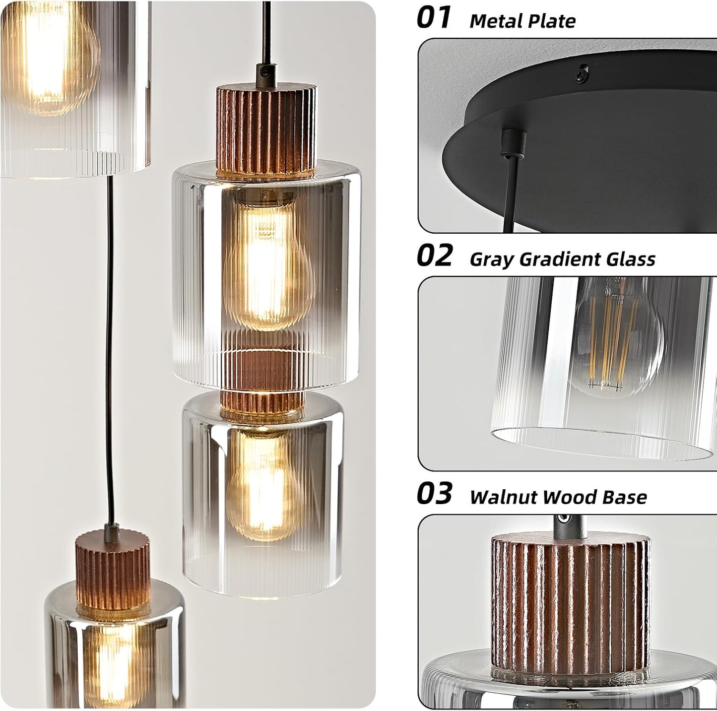 Lámpara colgante 3 luces madera negra y nogal vidrio gris