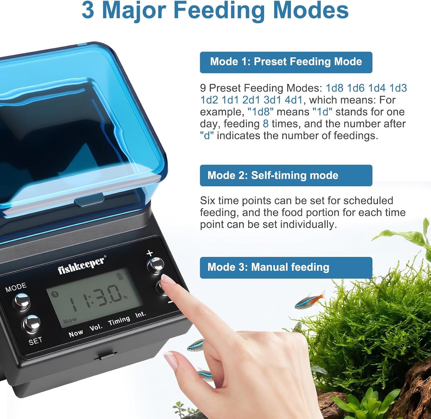 Alimentador automático acuario USB 3 modos con batería LCD