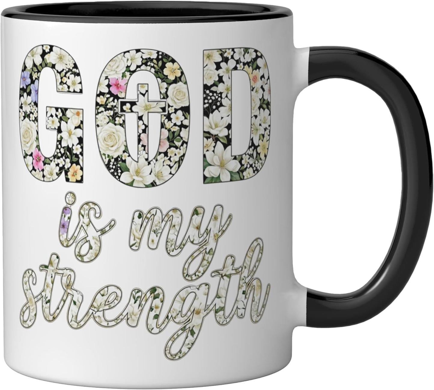 Taza Cerámica God Is My Strength Floral Negro/Blanco