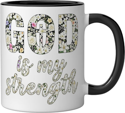 Taza Cerámica God Is My Strength Floral Negro/Blanco