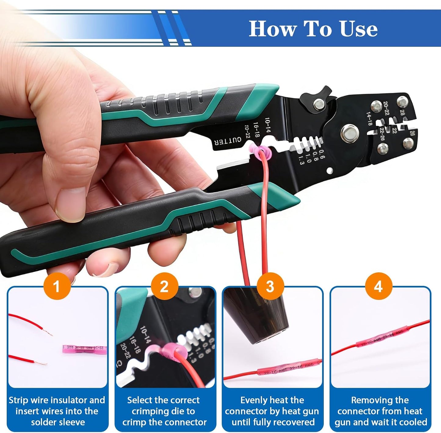 Conectores termorretráctiles 22-10AWG con herramienta