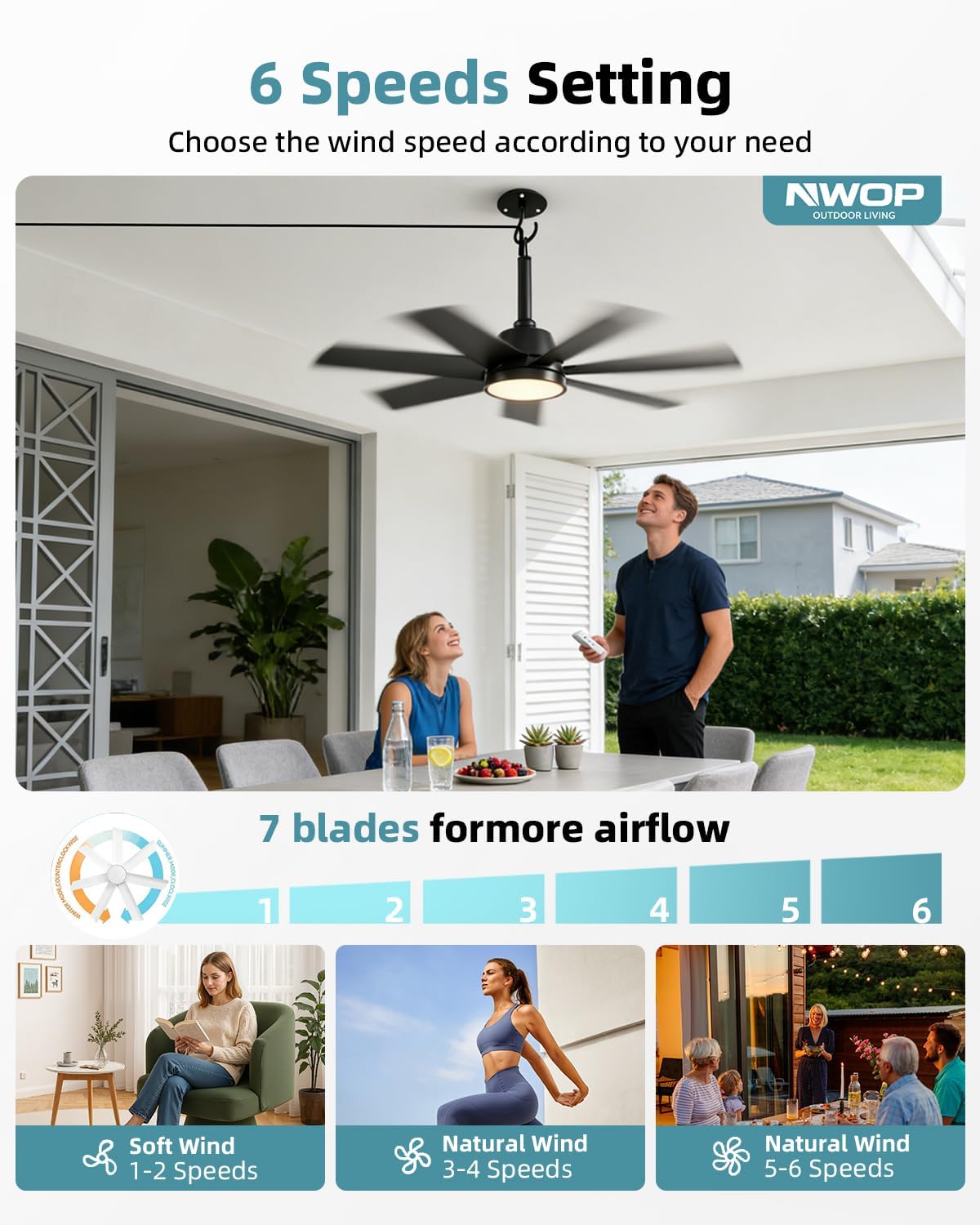 Ventilador techo exterior 28pulg LED control remoto 6 vel
