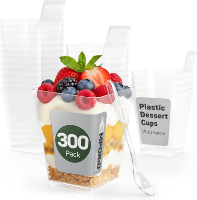 Vasos plástico 5oz con cucharas set 300 transparentes sin BPA
