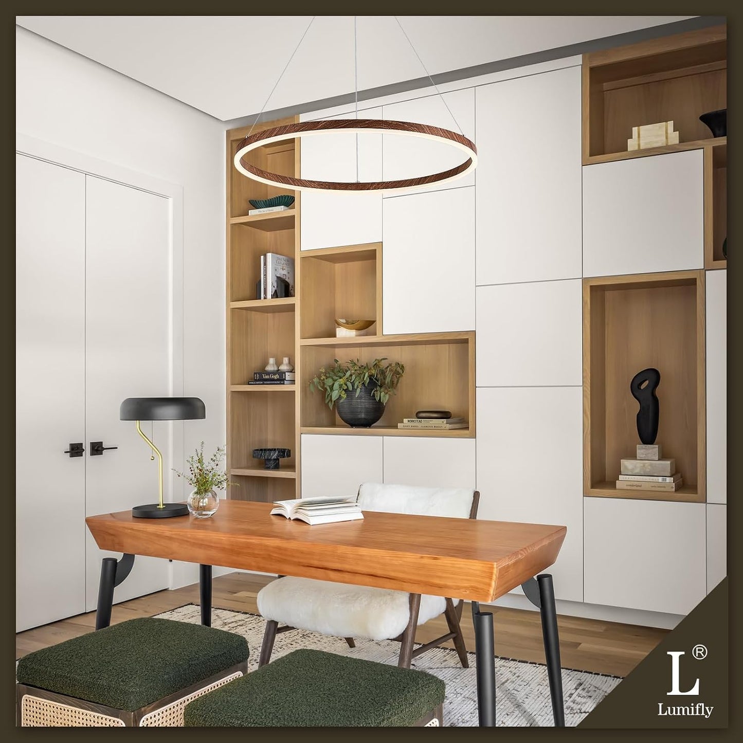 Candelabro LED 24pulg redondo acabado madera luz regulable