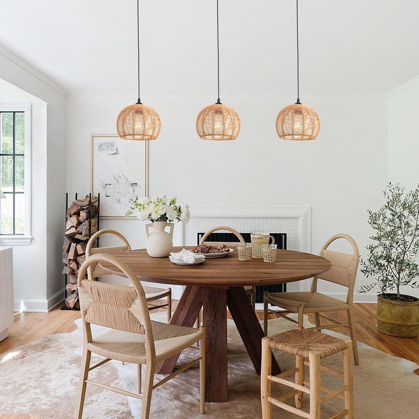 2 Luces Colgantes Ratán Bohemio Lámpara Ajustable Isla Cocina