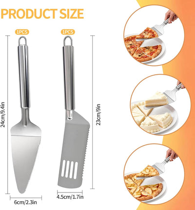 Juego de 2 moldes de acero inoxidable para tartas y servidor con espátula dentada para cortar pasteles, pizza y lasaña