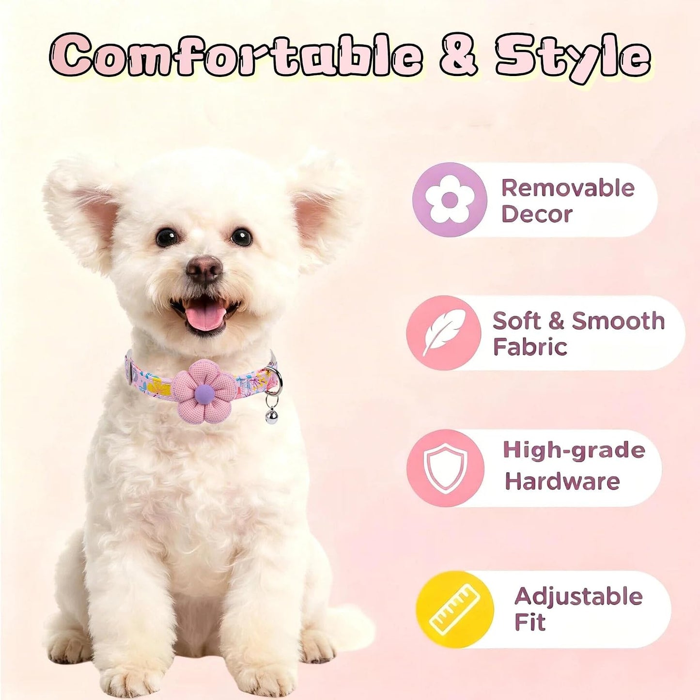 Collar perro floral con campana rosa para cachorros y adultos