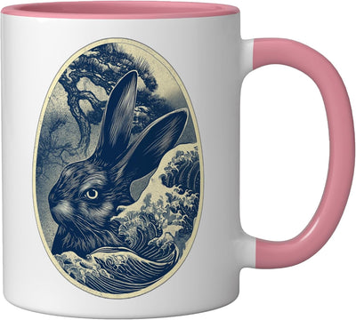 Taza Cerámica Arte Conejo Onda Japonesa Rosa/Blanco