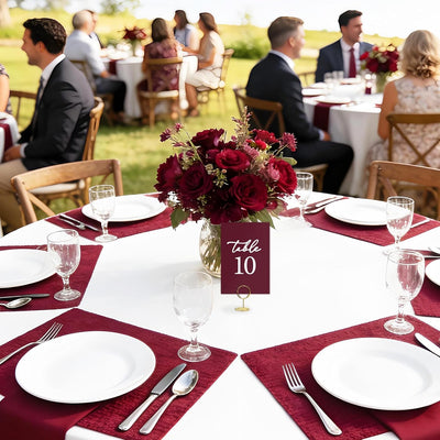 Números de mesa burdeos del 1 al 20 con soportes dorados para tarjetas de lugar doble cara
