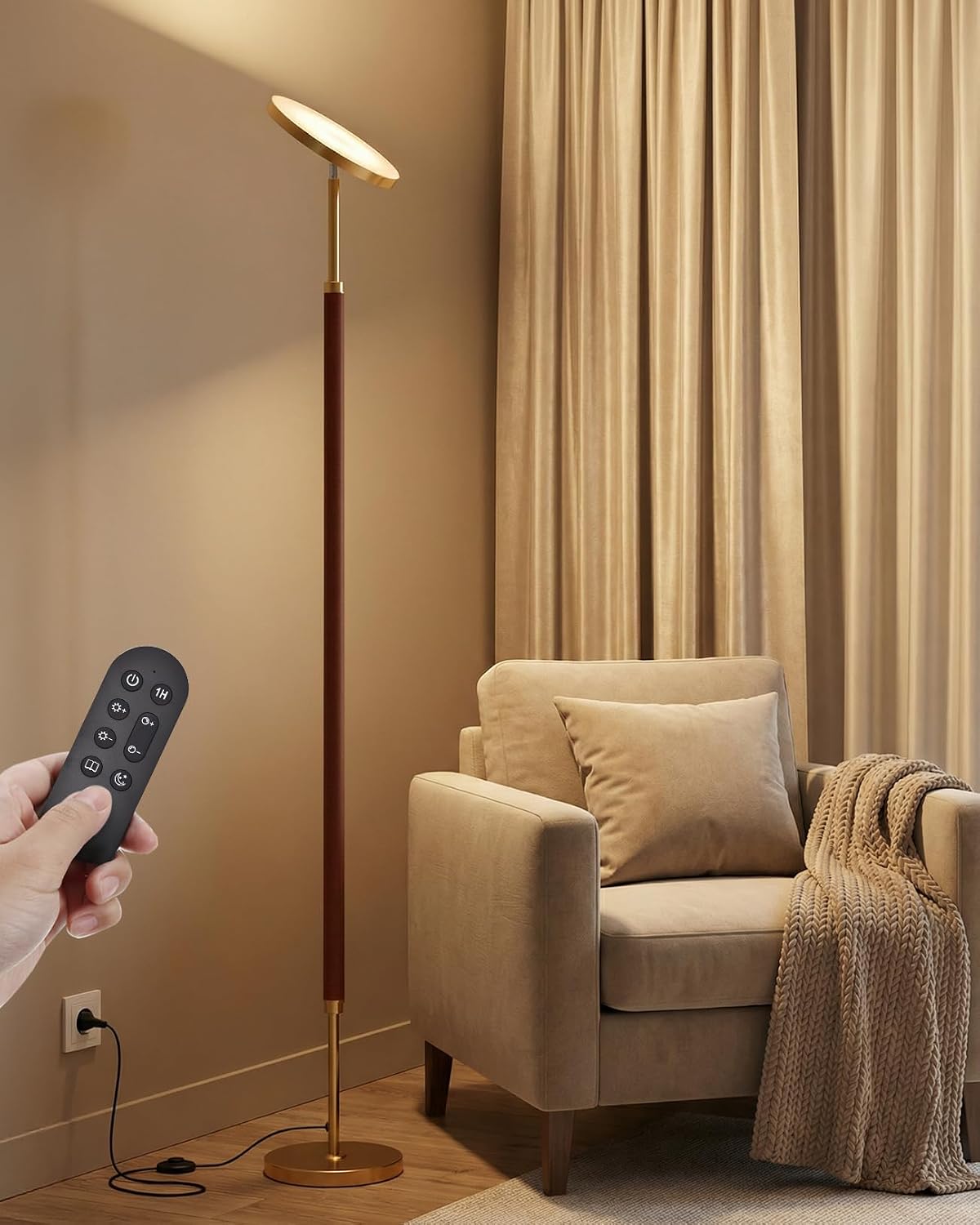 Lámpara pie madera LED regulable con control remoto 3000K-6500K