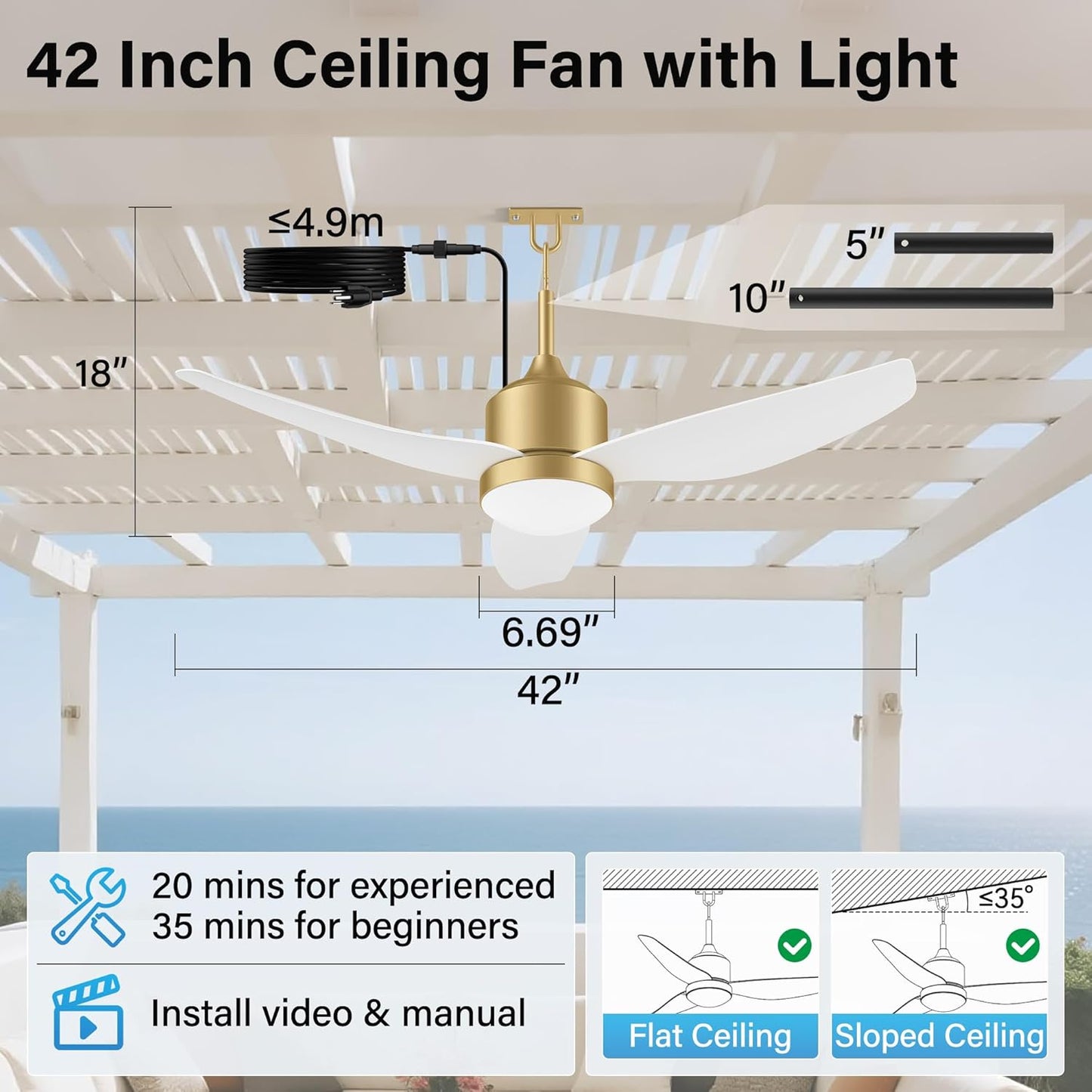 Ventilador techo exterior 42pulg luces control remoto IP65 motor CC