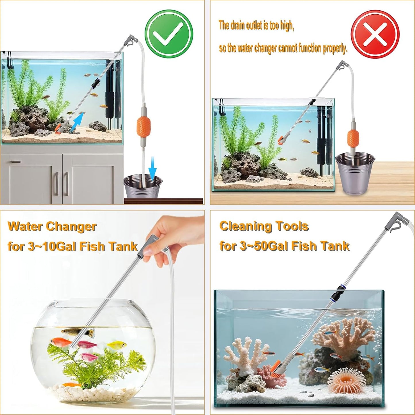 Kit succión acuario 3-10gal con manguera 6ft cepillo algas